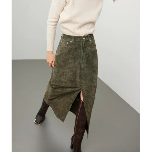 Blank NYC Skirt Womens 26 Green Leather Midi Hunter Front Slit Retro Weathered - Picture 1 of 13